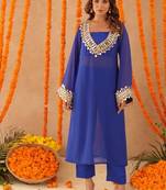 Mousmi royal blue mirror lace work fusion set