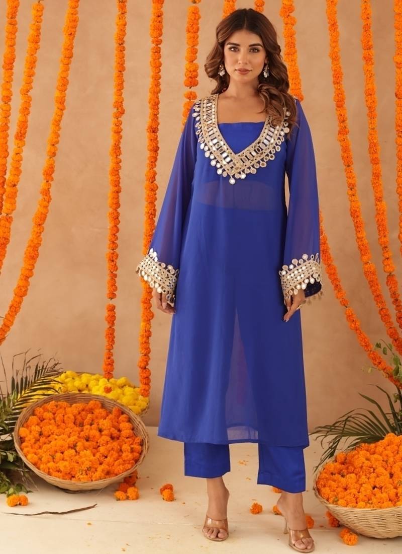 Mousmi royal blue mirror lace work fusion set