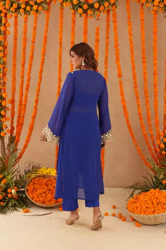Mousmi royal blue mirror lace work fusion set