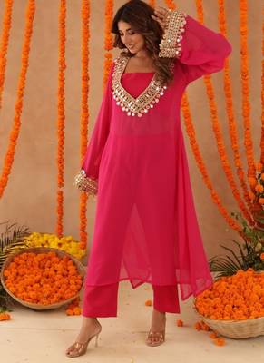 Ketaki pink mirror lace work fusion set 1