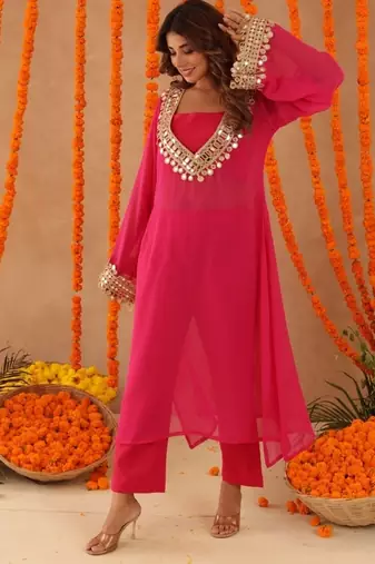 Ketaki pink mirror lace work fusion set