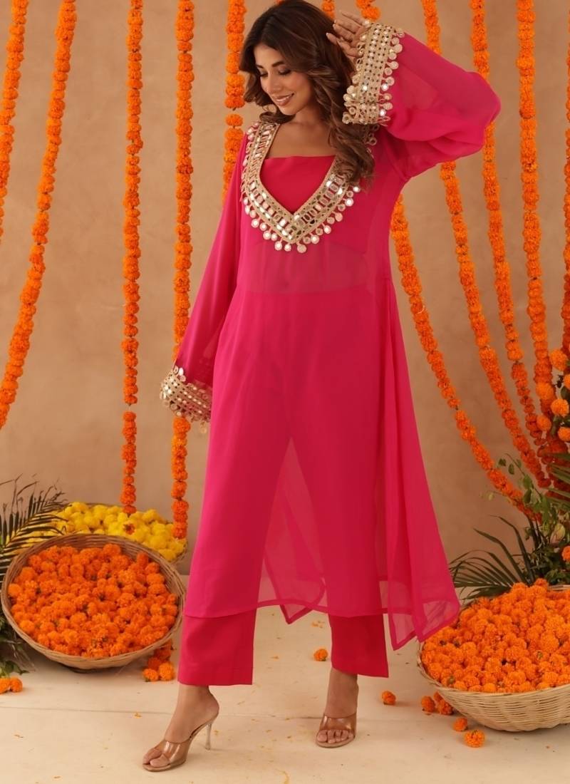 Ketaki pink mirror lace work fusion set