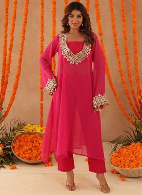 Ketaki pink mirror lace work fusion set 2