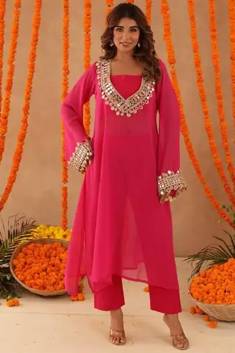 Ketaki pink mirror lace work fusion set