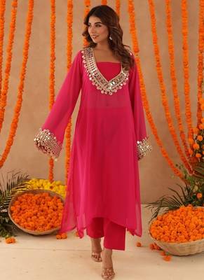 Ketaki pink mirror lace work fusion set 3