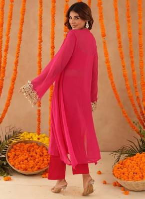 Ketaki pink mirror lace work fusion set 4