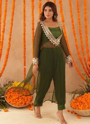Nida green mirror lace work fusion set 3