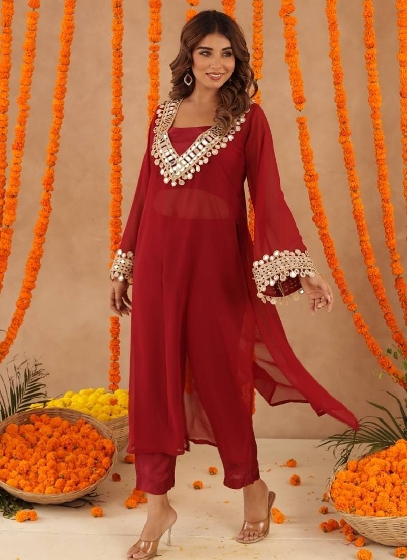Netra red mirror lace work fusion set