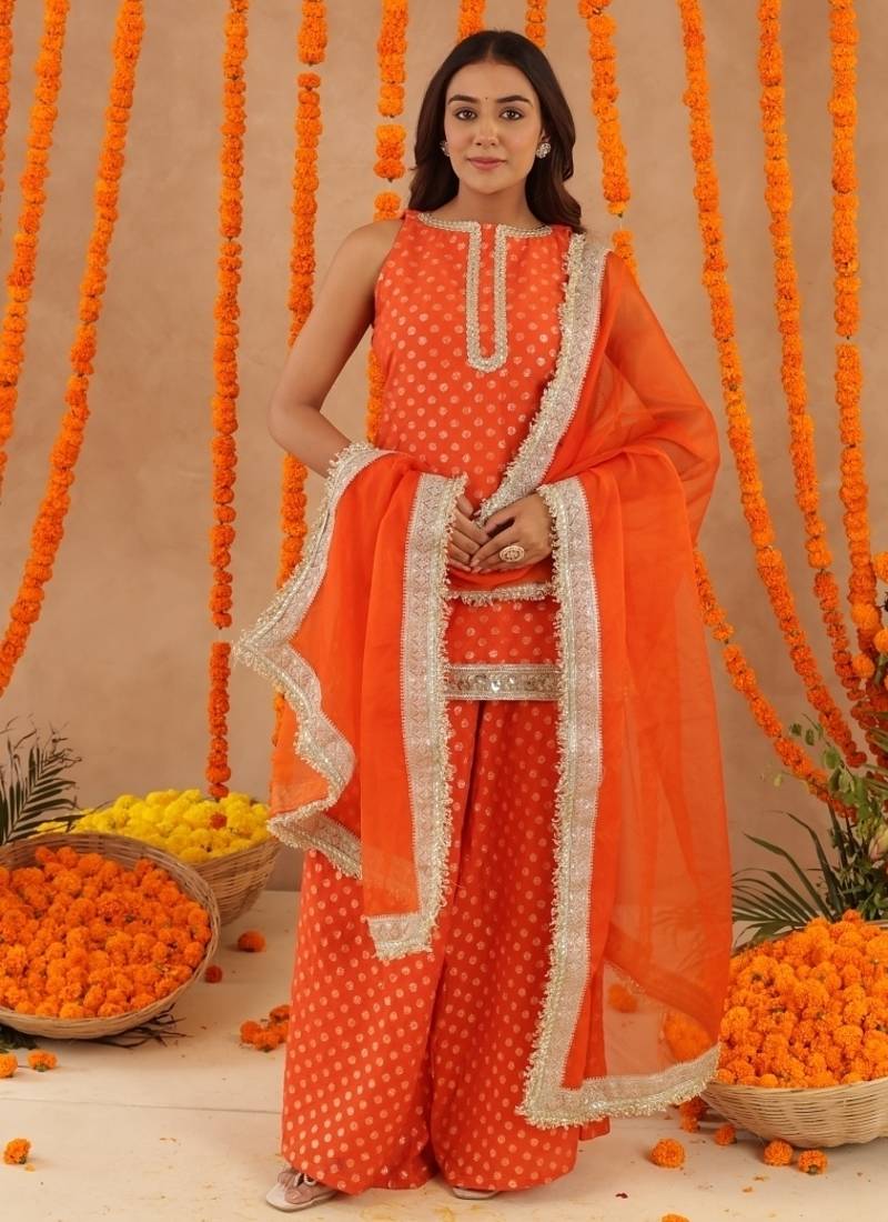 Hiya orange short detailed kurti palazzo set