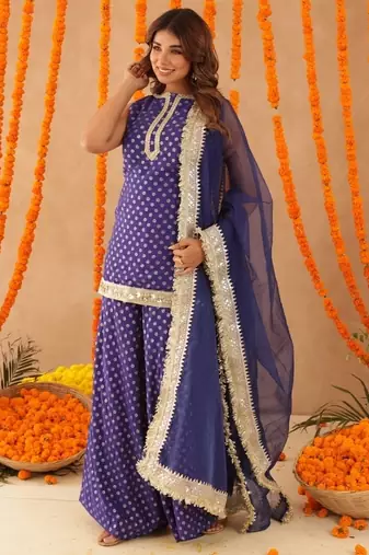 Saba blue short detailed kurti palazzo set