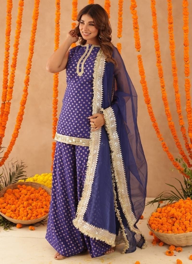 Saba blue short detailed kurti palazzo set