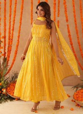 Kaamya yellow lurix anarkali set 1