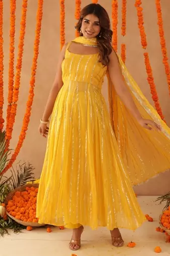 Kaamya yellow lurix anarkali set