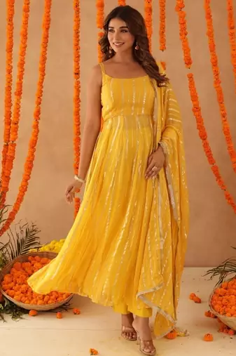 Kaamya yellow lurix anarkali set