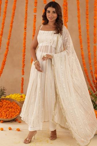 Shayla white lurix anarkali set