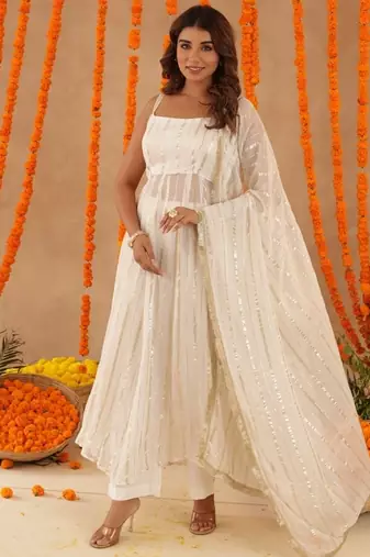 Shayla white lurix anarkali set