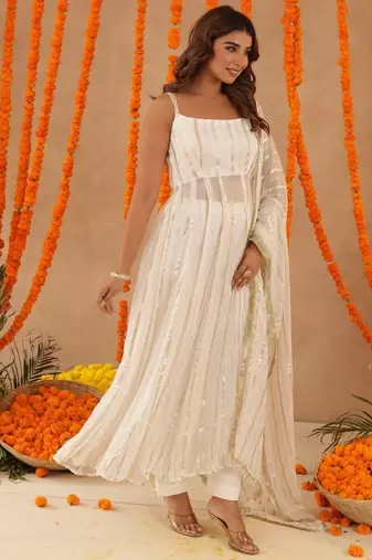 Shayla white lurix anarkali set