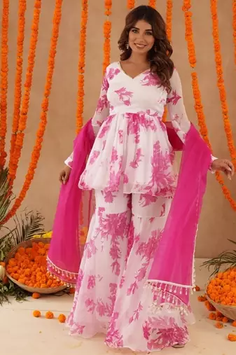 Trisha white pink floral sharara set