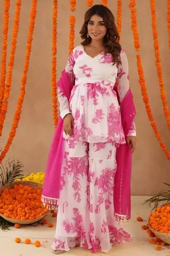 Trisha white pink floral sharara set