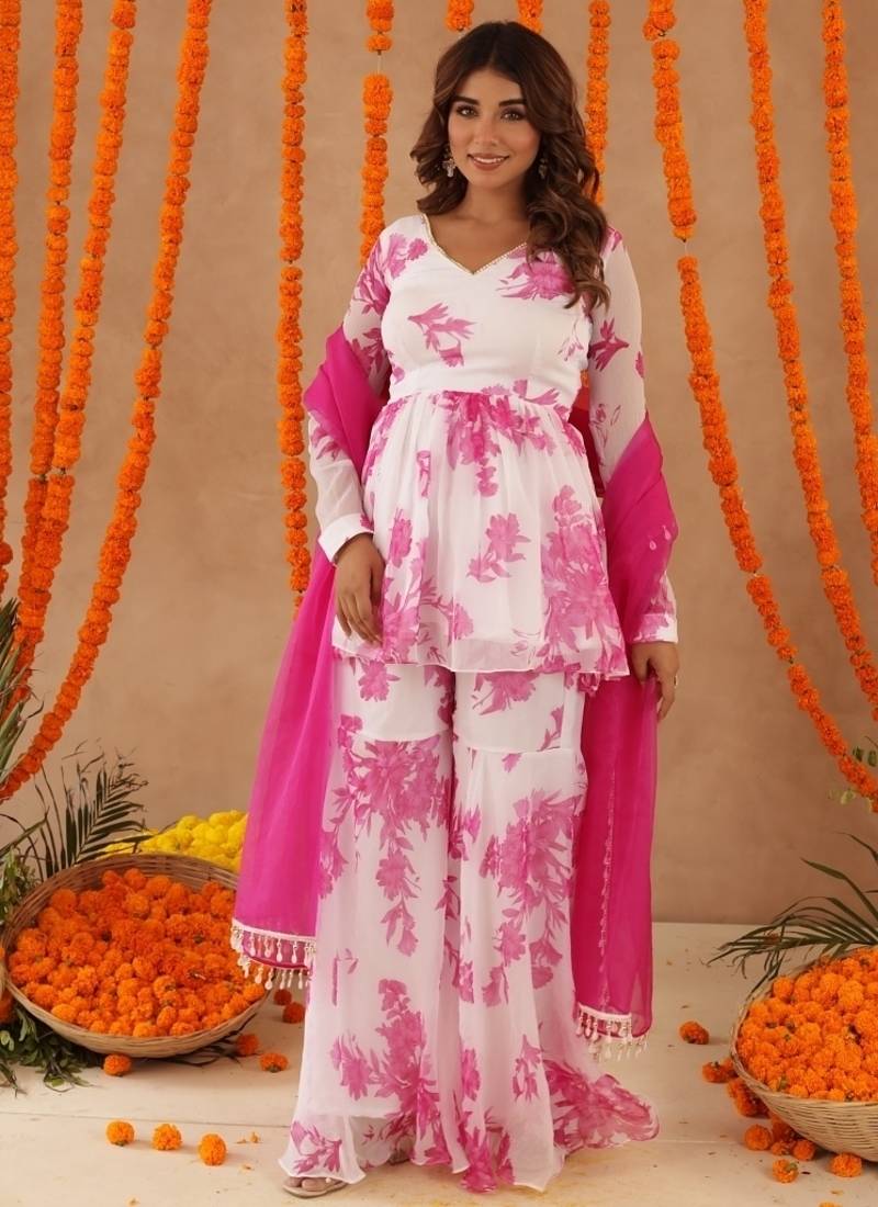 Trisha white pink floral sharara set
