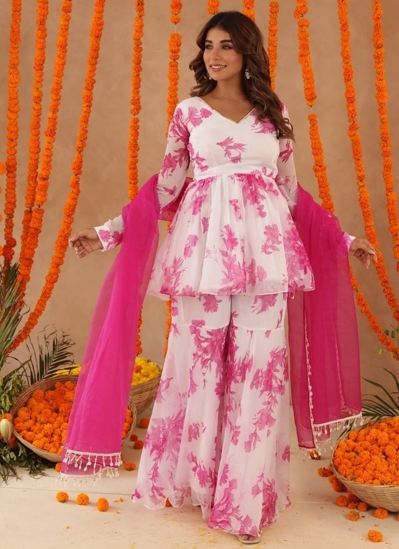 Trisha white pink floral sharara set