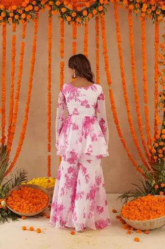 Trisha white pink floral sharara set
