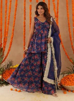Zeisha navy blue floral sharara set 1