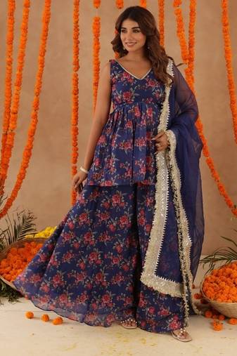 Zeisha navy blue floral sharara set