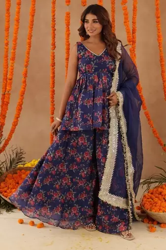Zeisha navy blue floral sharara set