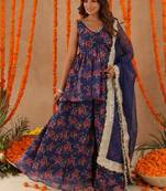 Zeisha navy blue floral sharara set