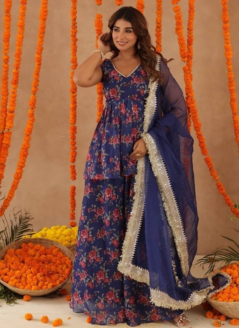 Zeisha navy blue floral sharara set