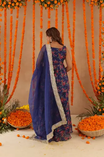 Zeisha navy blue floral sharara set