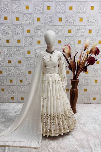 heavy vichitra silk embrodairy seqence  work white readymade ethnic gown