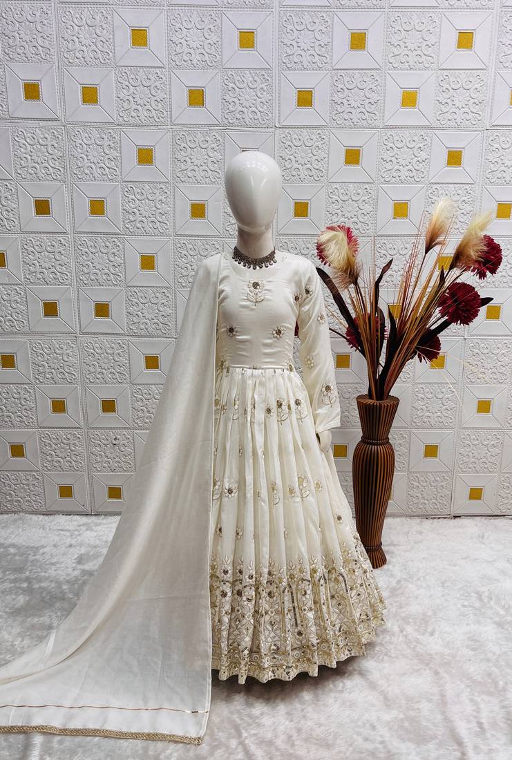 heavy vichitra silk embrodairy seqence  work white readymade ethnic gown