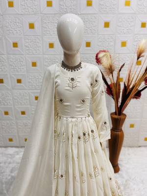 heavy vichitra silk embrodairy seqence  work white readymade ethnic gown 3