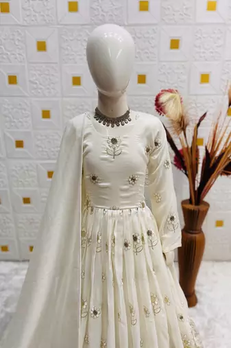 heavy vichitra silk embrodairy seqence  work white readymade ethnic gown