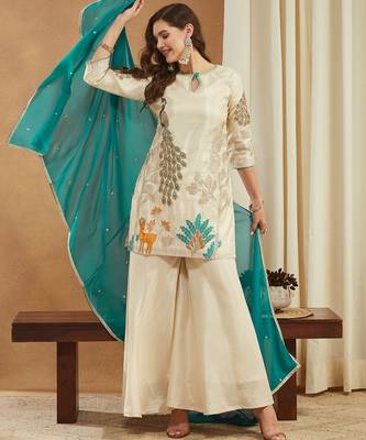 Women   s festive wear shimmer silk kurti palazzo set with dupatta 1