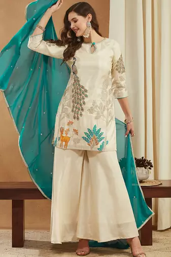 Women   s festive wear shimmer silk kurti palazzo set with dupatta