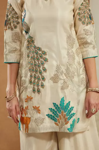 Women   s festive wear shimmer silk kurti palazzo set with dupatta