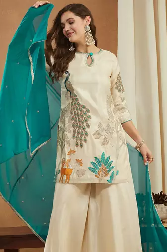 Women   s festive wear shimmer silk kurti palazzo set with dupatta