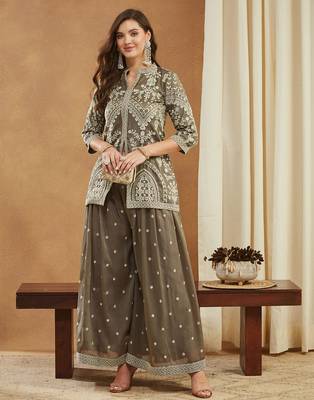 Women's shimmer silk embroidered kurta palazzo set 1