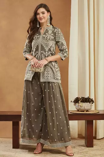 Women's shimmer silk embroidered kurta palazzo set