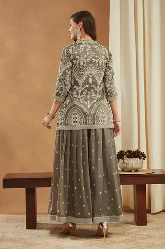 Women's shimmer silk embroidered kurta palazzo set