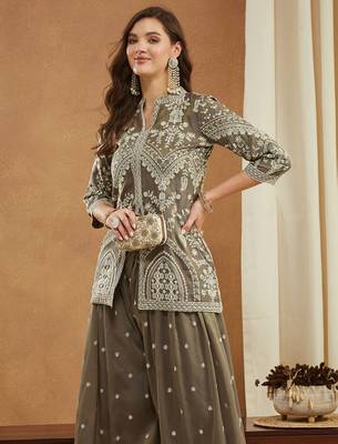 Women's shimmer silk embroidered kurta palazzo set 3