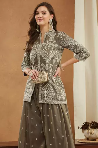Women's shimmer silk embroidered kurta palazzo set