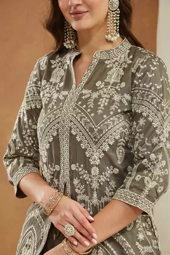 Women's shimmer silk embroidered kurta palazzo set