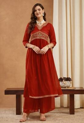 Women   s shimmer silk embroidered alia cut kurti palazzo set with dupatta 3