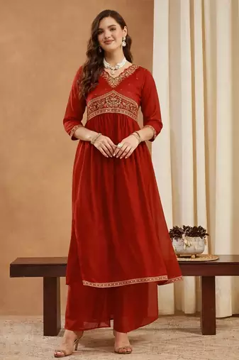 Women   s shimmer silk embroidered alia cut kurti palazzo set with dupatta