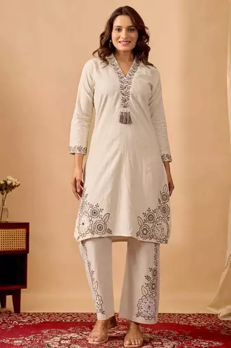 Women's embroidered cotton kurta pant co-ord set