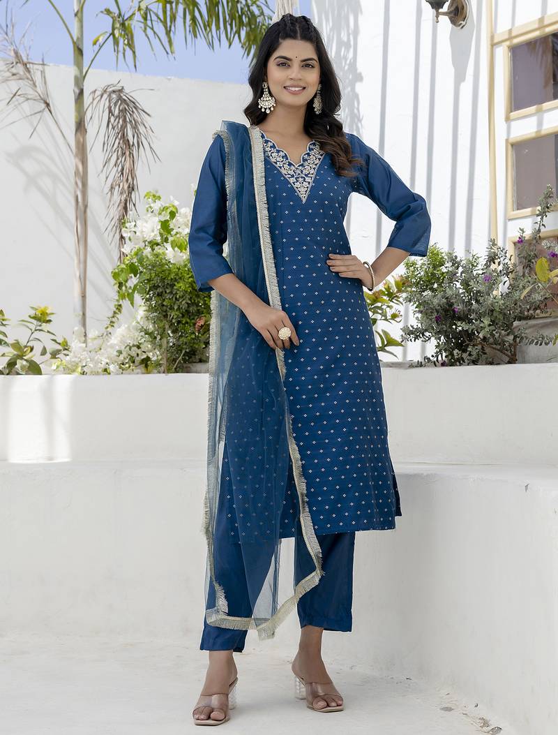 Blue women kurta pant dupatta set